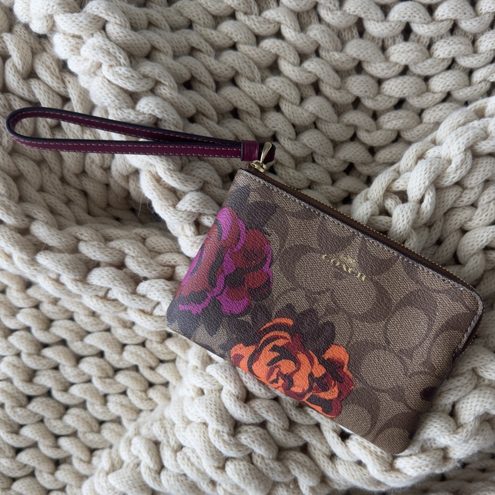Coach Floral Wristlet in Brown and Pink